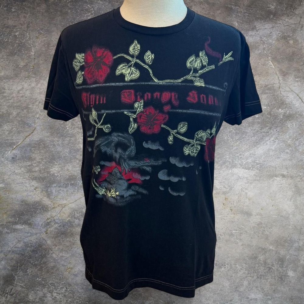 Vintage Diesel Lightweight Floral Dragon Graphic Tee Women's Size Small Goth Y2K